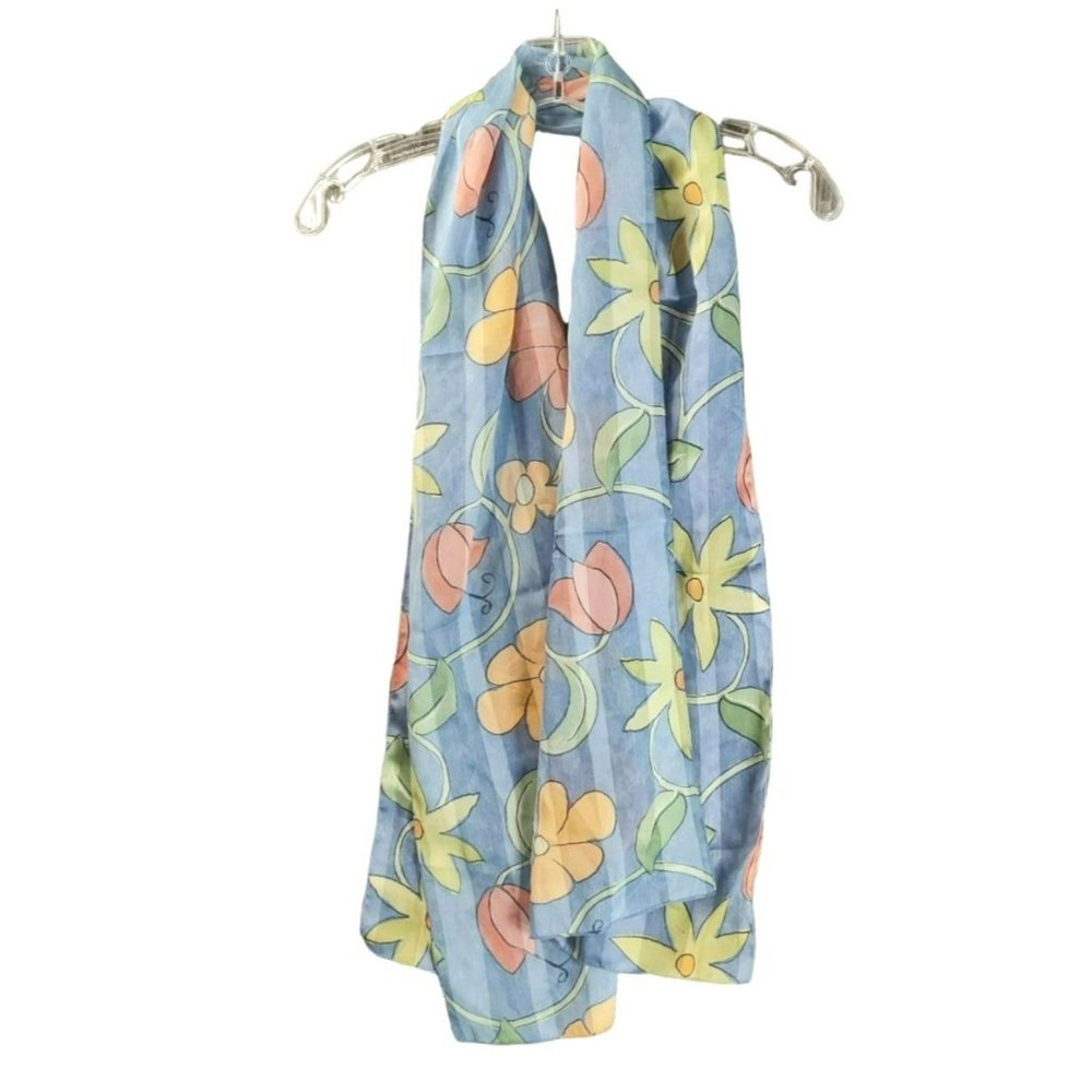 Women's Fashion Scarf Blue Faintly Striped Multicolor Flowers 14" x 60"